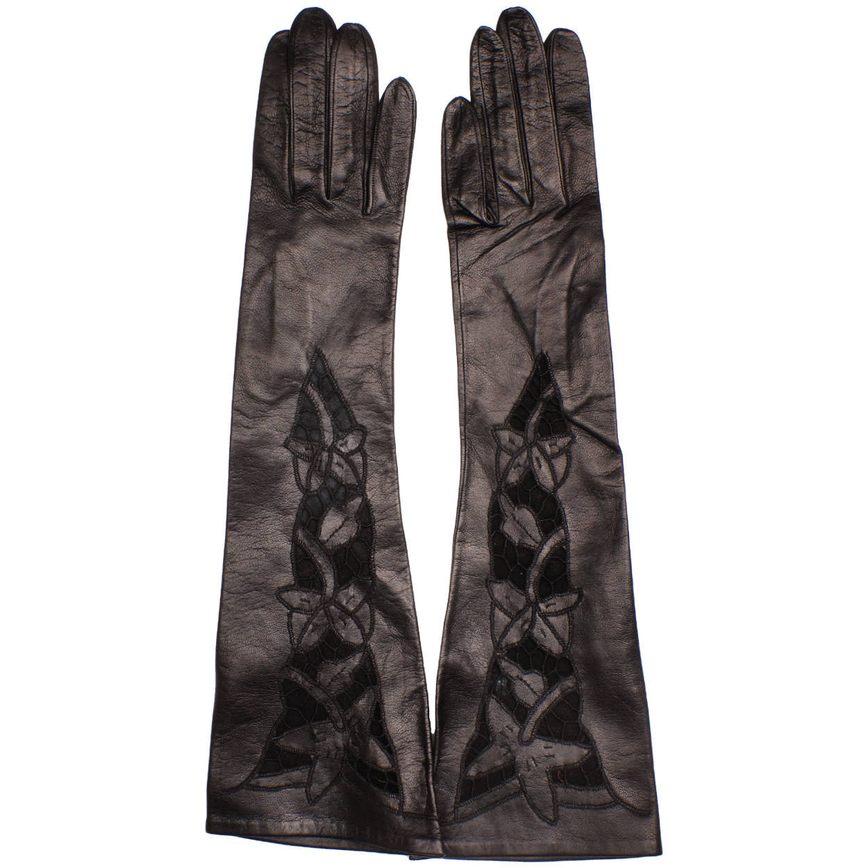 Vintage NOS Ladies Black Leather Long Evening Gloves Unused Lace Inset Cutwork - Poppy's Vintage Clothing
