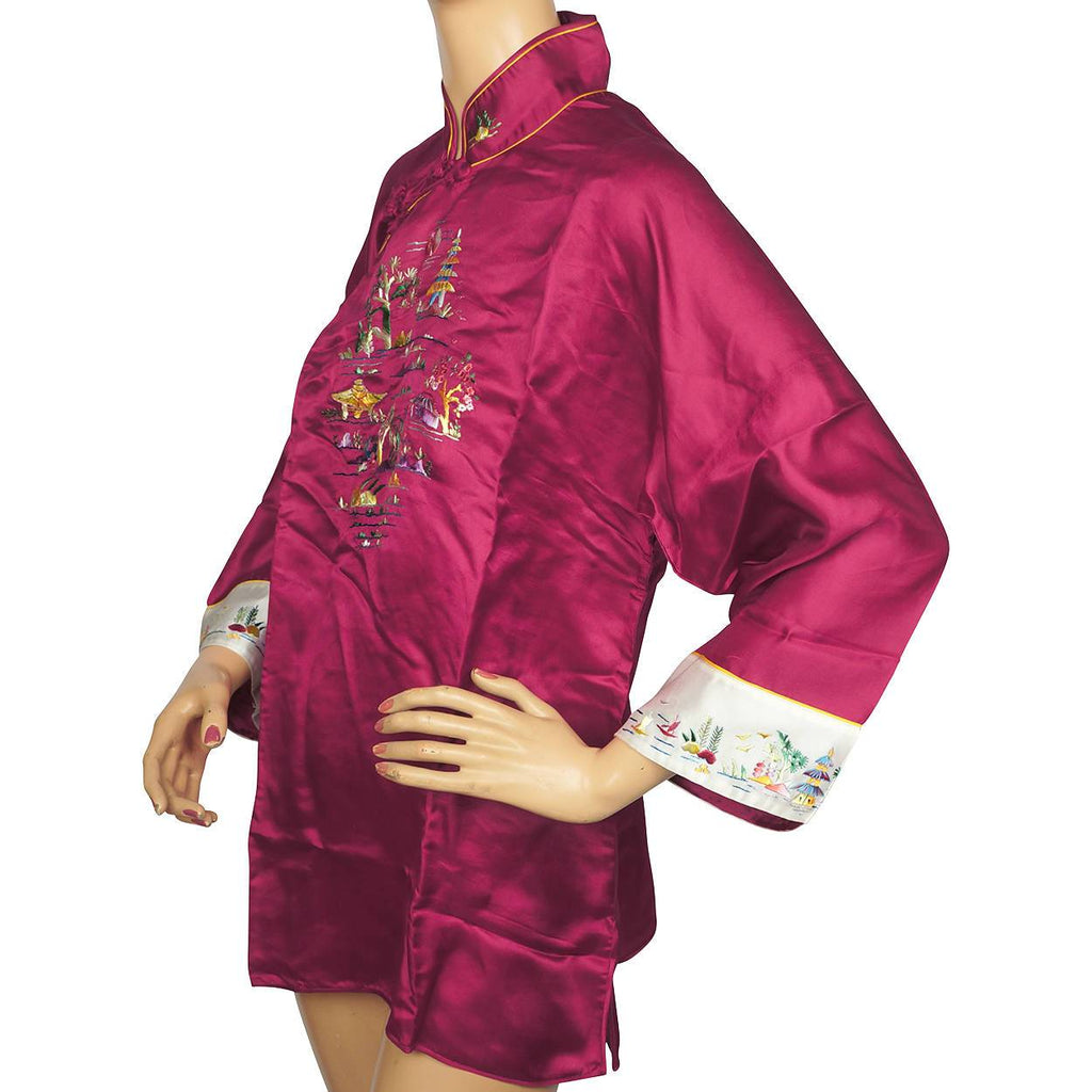 Vintage NOS Chinese Cheongsam Shirt Blouse Top Embroidered Magenta Silk Size L - Poppy's Vintage Clothing