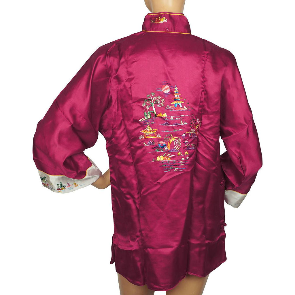 Vintage NOS Chinese Cheongsam Shirt Blouse Top Embroidered Magenta Silk Size L - Poppy's Vintage Clothing