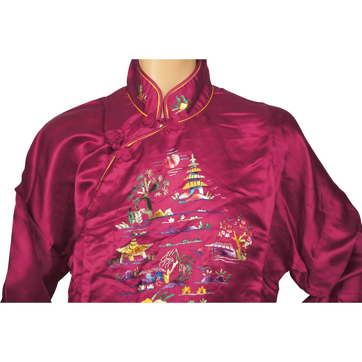 Vintage NOS Chinese Cheongsam Shirt Blouse Top Embroidered Magenta Silk Size L - Poppy's Vintage Clothing