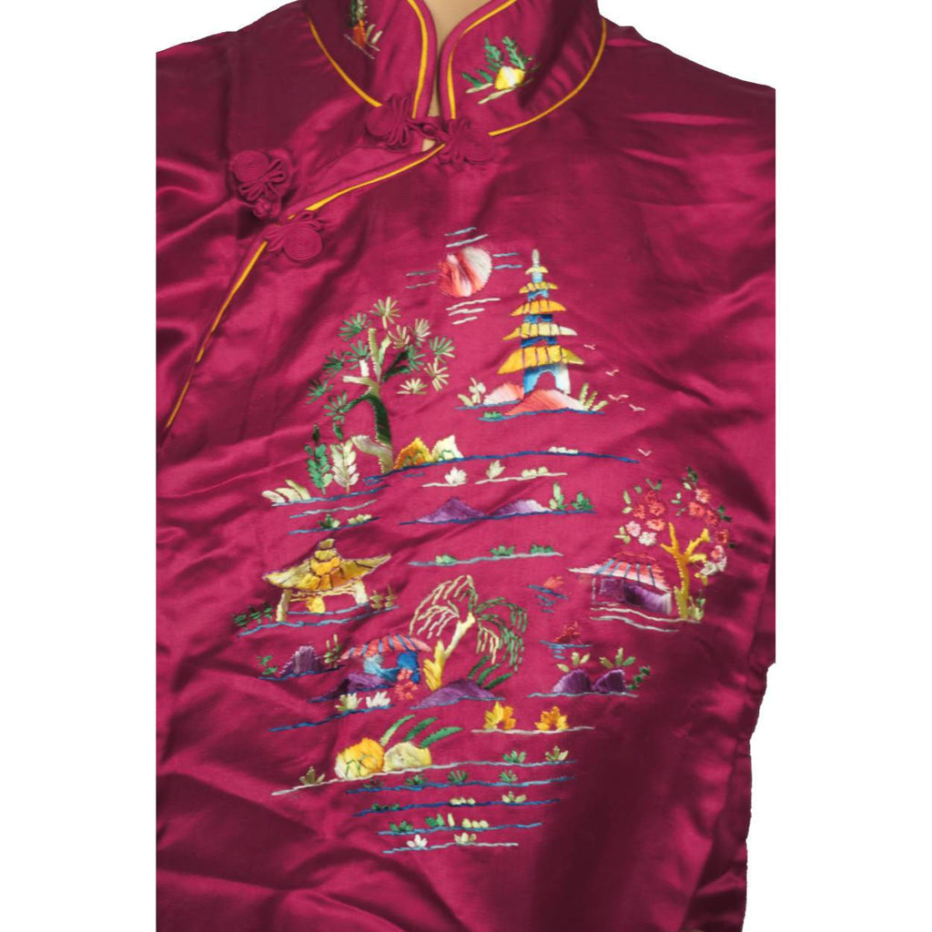Vintage NOS Chinese Cheongsam Shirt Blouse Top Embroidered Magenta Silk Size L - Poppy's Vintage Clothing