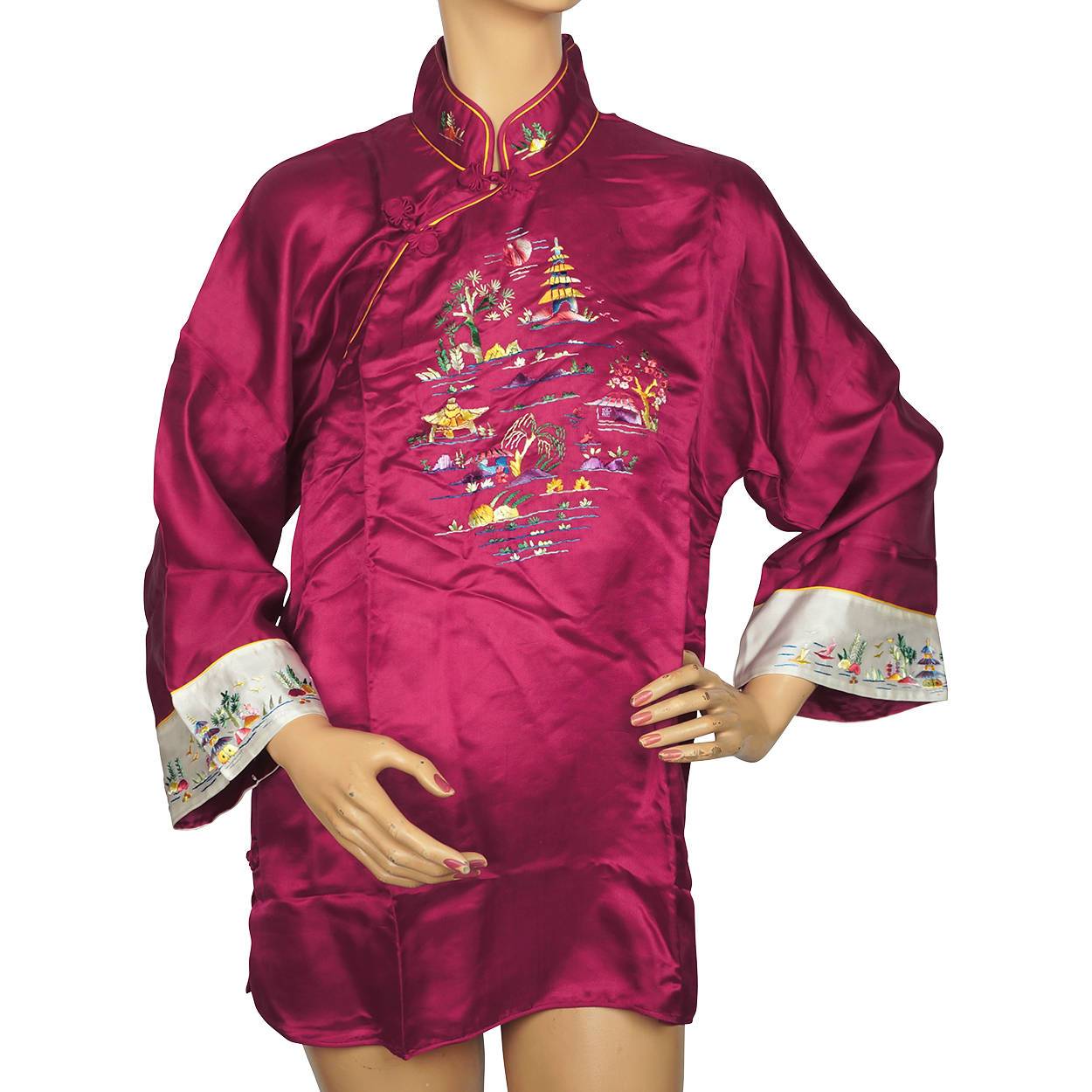 Vintage NOS Chinese Cheongsam Shirt Blouse Top Embroidered Magenta 