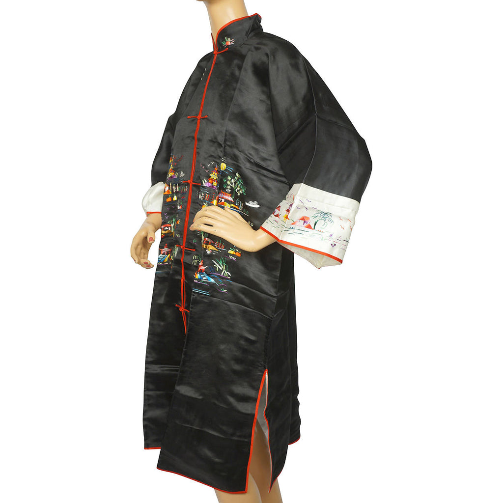 Vintage NOS 1950s 60s Dressing Gown Black Silk Embroidered Lounging Robe Hong Kong M L - Poppy's Vintage Clothing