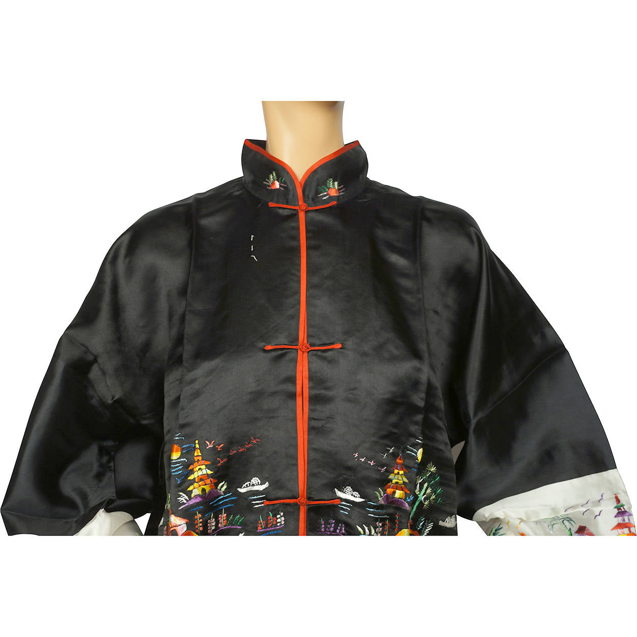 Vintage NOS 1950s 60s Dressing Gown Black Silk Embroidered Lounging Robe Hong Kong M L - Poppy's Vintage Clothing