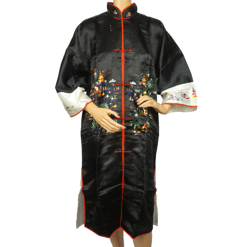 Vintage NOS 1950s 60s Dressing Gown Black Silk Embroidered Lounging Robe Hong Kong M L - Poppy's Vintage Clothing