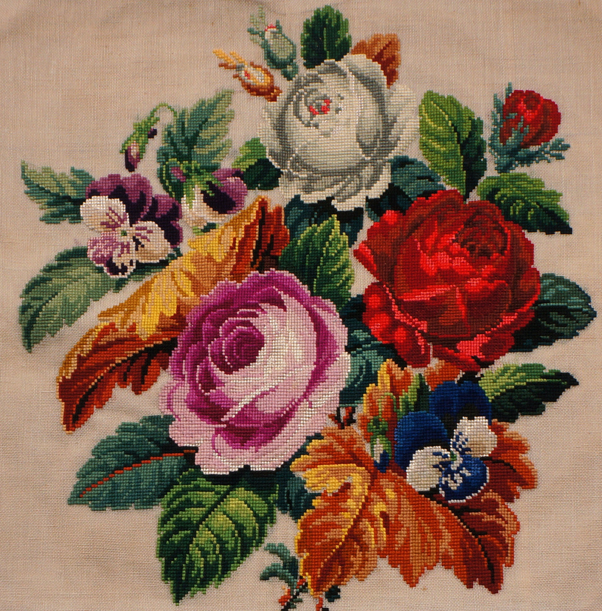 Antique Needlepoint Pillow or Cushion Cover Roses Floral Flower Bouquet - Poppy's Vintage Clothing