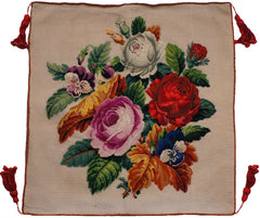 Antique Needlepoint Pillow or Cushion Cover Roses Floral Flower Bouquet - Poppy's Vintage Clothing