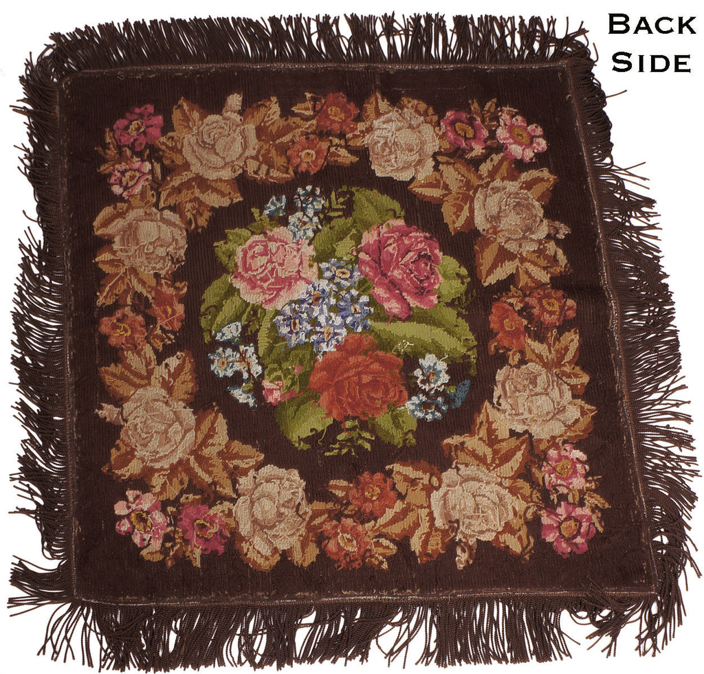 Antique Needlepoint Tablecloth or Table Cover Fringed Rose Flower Pattern 46” - Poppy's Vintage Clothing