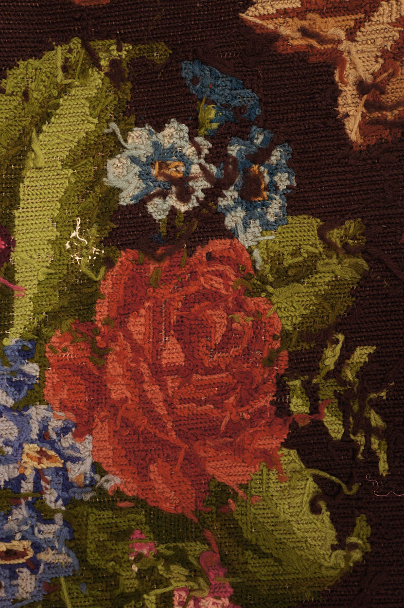 Antique Needlepoint Tablecloth or Table Cover Fringed Rose Flower Pattern 46” - Poppy's Vintage Clothing