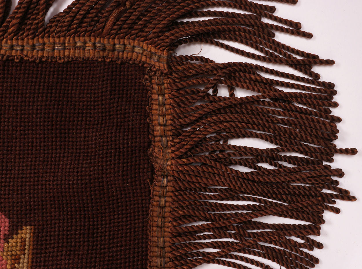 Antique Needlepoint Tablecloth or Table Cover Fringed Rose Flower Pattern 46” - Poppy's Vintage Clothing