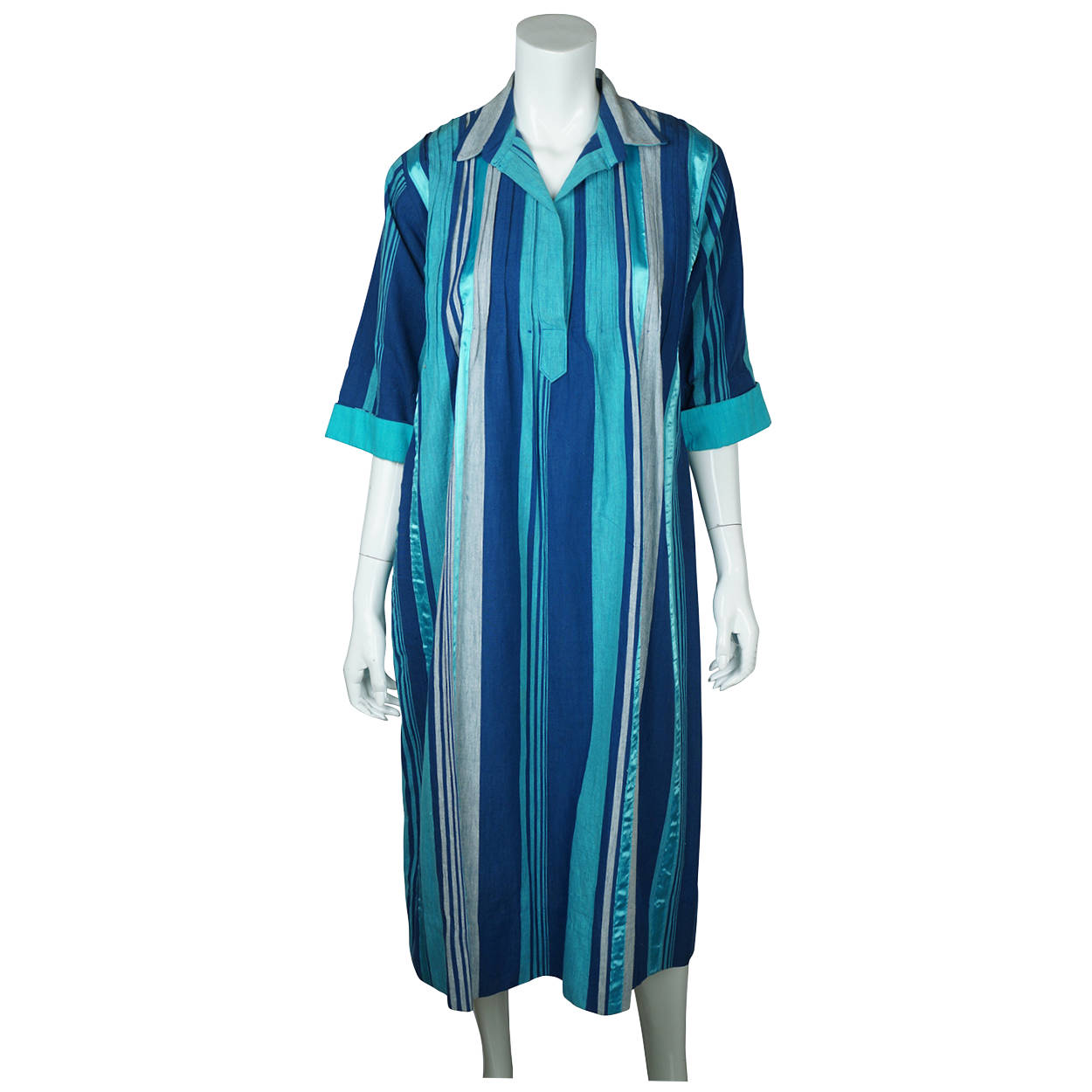 Vintage 1970s Mexican Dress Striped Cotton Hand Made by Nelly Puerto Vallarta L - Poppy's Vintage Clothing