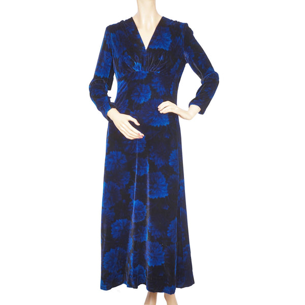 Vintage 1970s Blue Velvet Dress by Norbert Carlin Vienna Montreal Size M - Poppy's Vintage Clothing