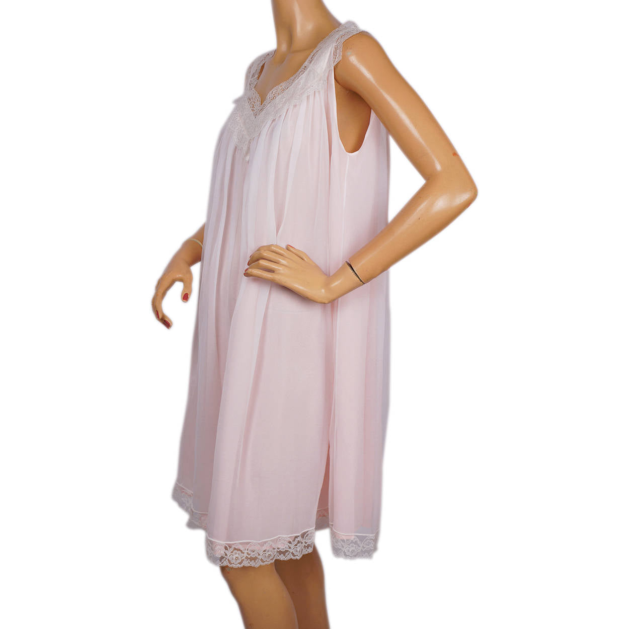 Vintage Norman Hartnell Nightie Peignoir Set White Lace &amp; Pink Nylon 1960s - Poppy's Vintage Clothing