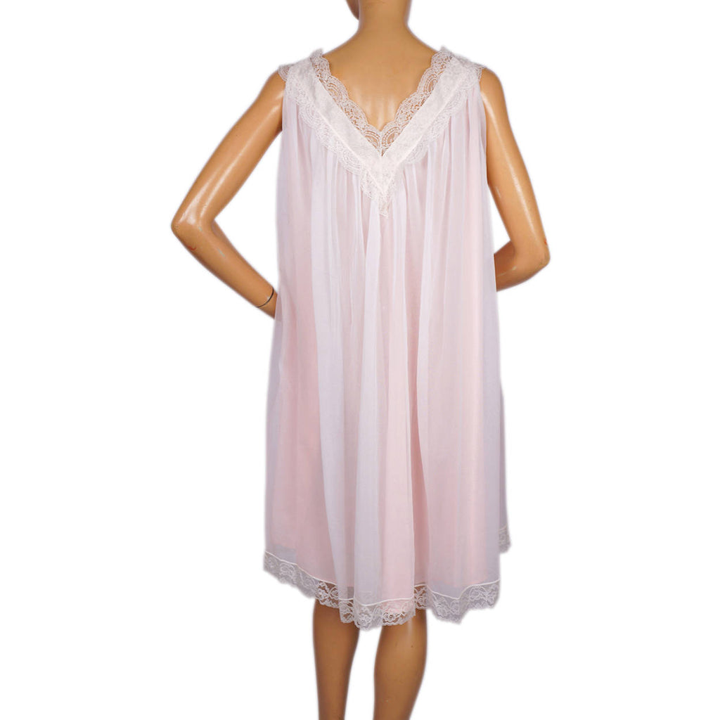 Vintage Norman Hartnell Nightie Peignoir Set White Lace &amp; Pink Nylon 1960s - Poppy's Vintage Clothing