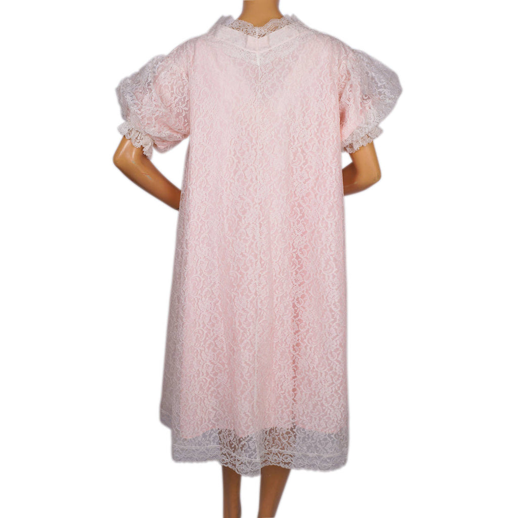 Vintage Norman Hartnell Nightie Peignoir Set White Lace &amp; Pink Nylon 1960s - Poppy's Vintage Clothing