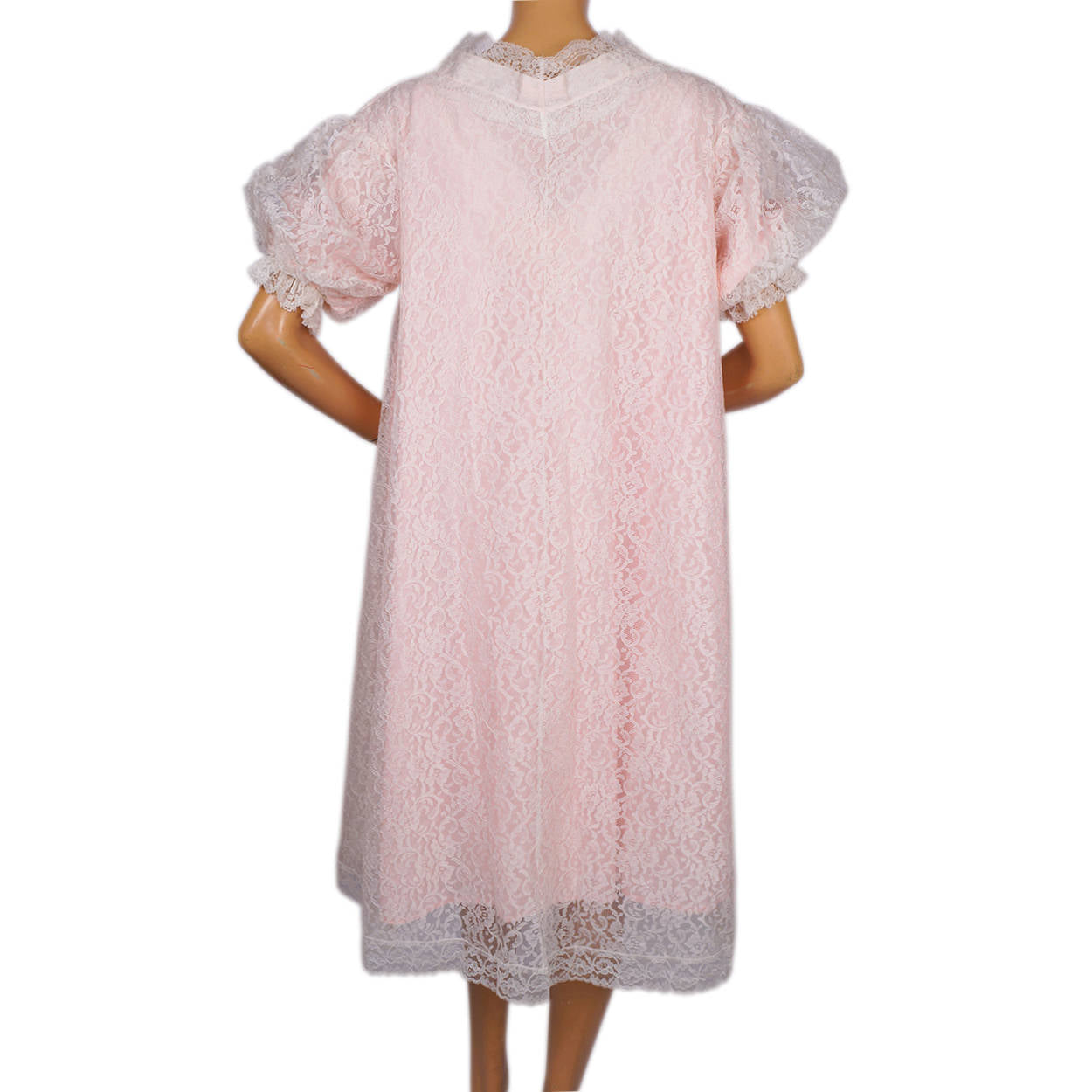 Vintage Norman Hartnell Nightie Peignoir Set White Lace &amp; Pink Nylon 1960s - Poppy's Vintage Clothing
