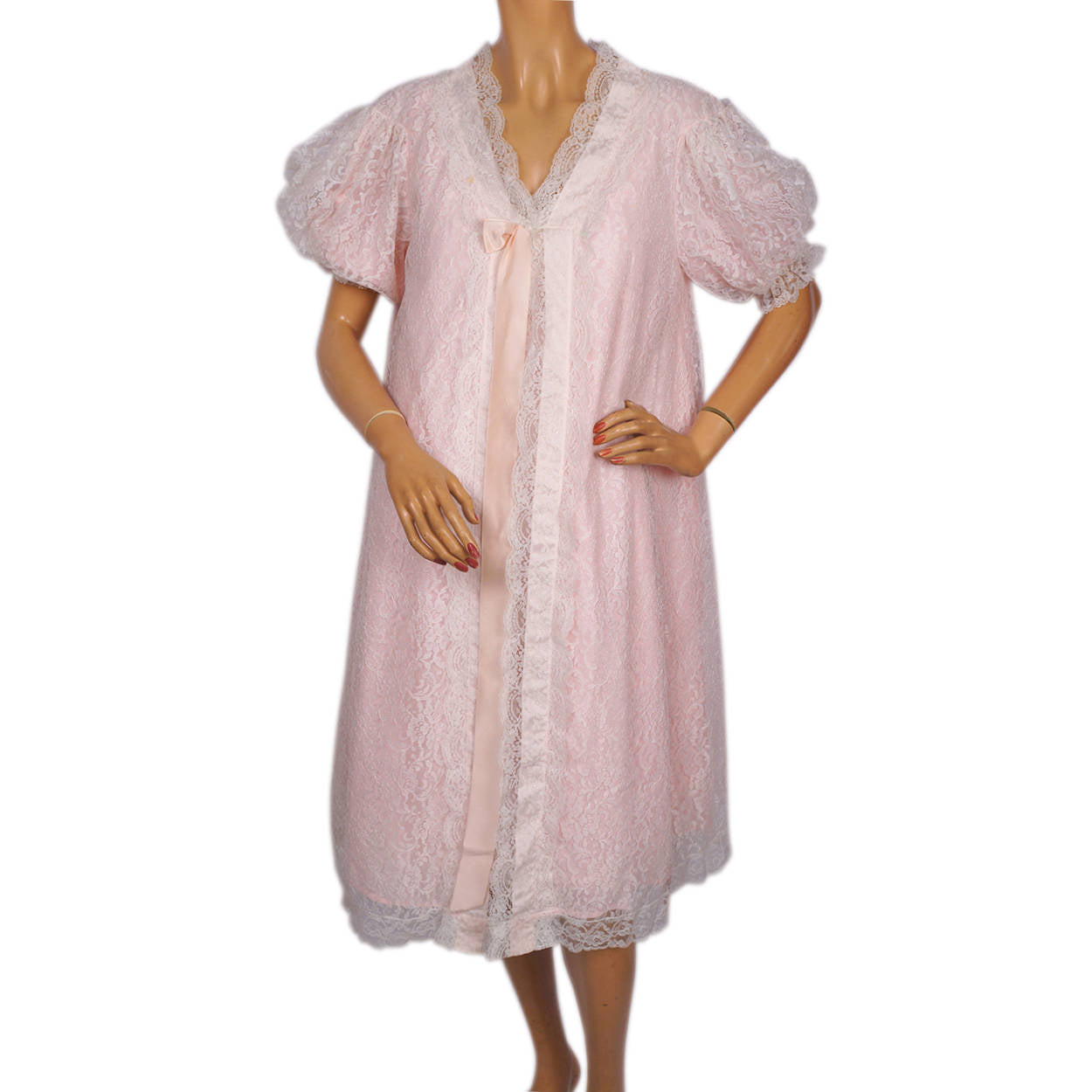Vintage Norman Hartnell Nightie Peignoir Set White Lace &amp; Pink Nylon 1960s - Poppy's Vintage Clothing
