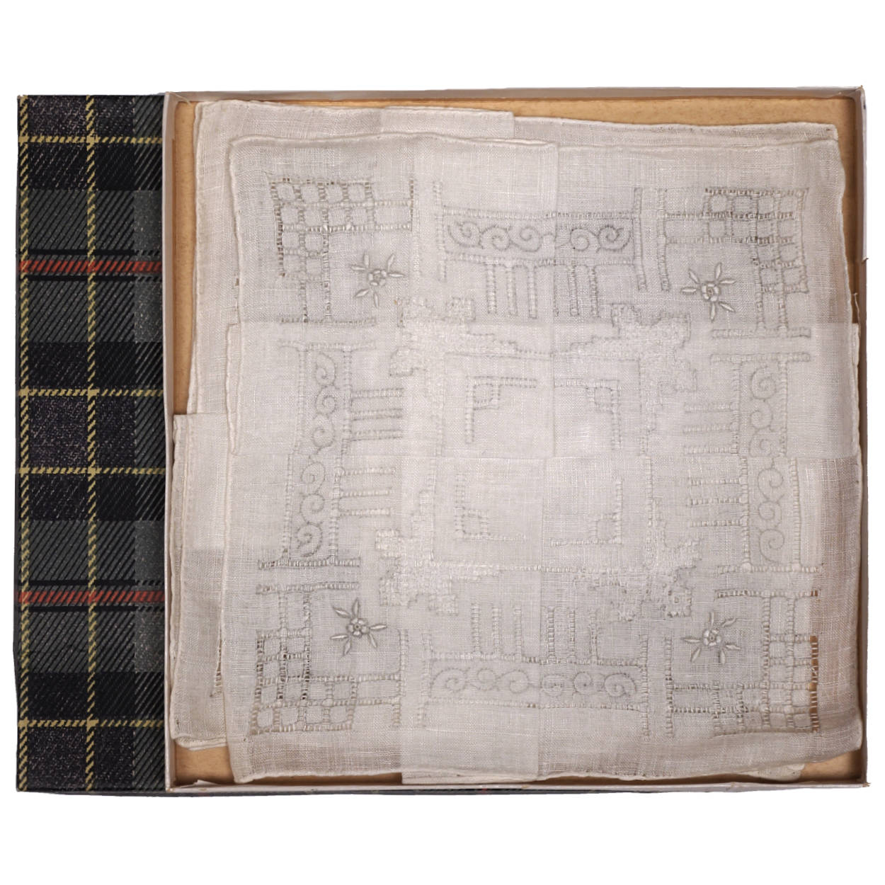 Vintage Unused Lace Handkerchiefs Set 4 Embroidered Linen w Pull Work in Box - Poppy's Vintage Clothing