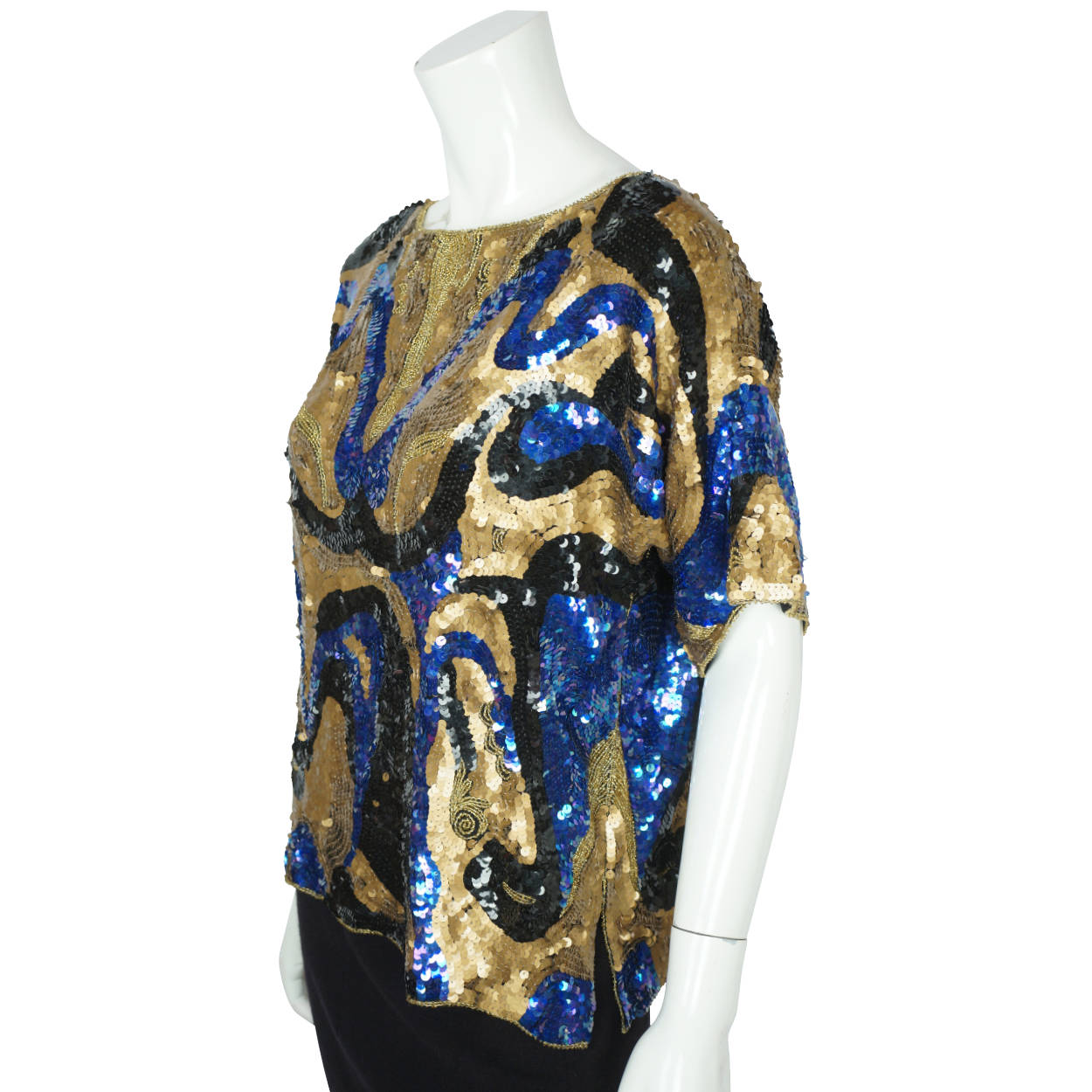 Vintage 80s Sequin Top on Black Silk Oleg Cassini Size S - Poppy's Vintage Clothing