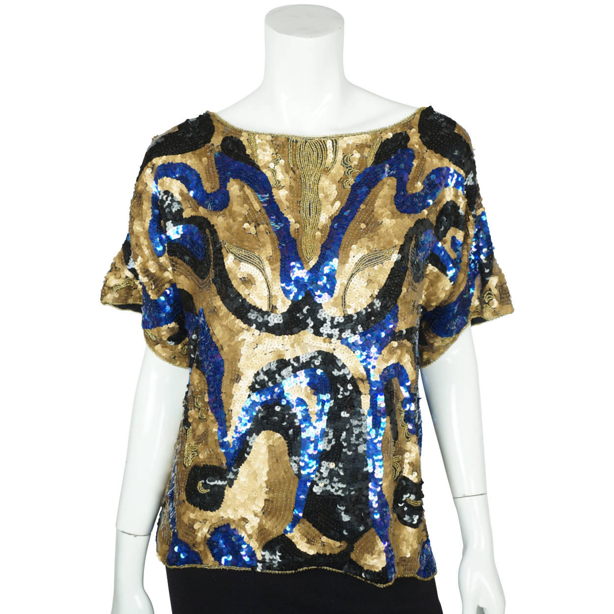 Vintage 80s Sequin Top on Black Silk Oleg Cassini Size S - Poppy's Vintage Clothing