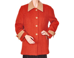 Ladies Wool Outer Jacket Rust Orange & Tan - Alpaca International Wool - L 44 - Poppy's Vintage Clothing