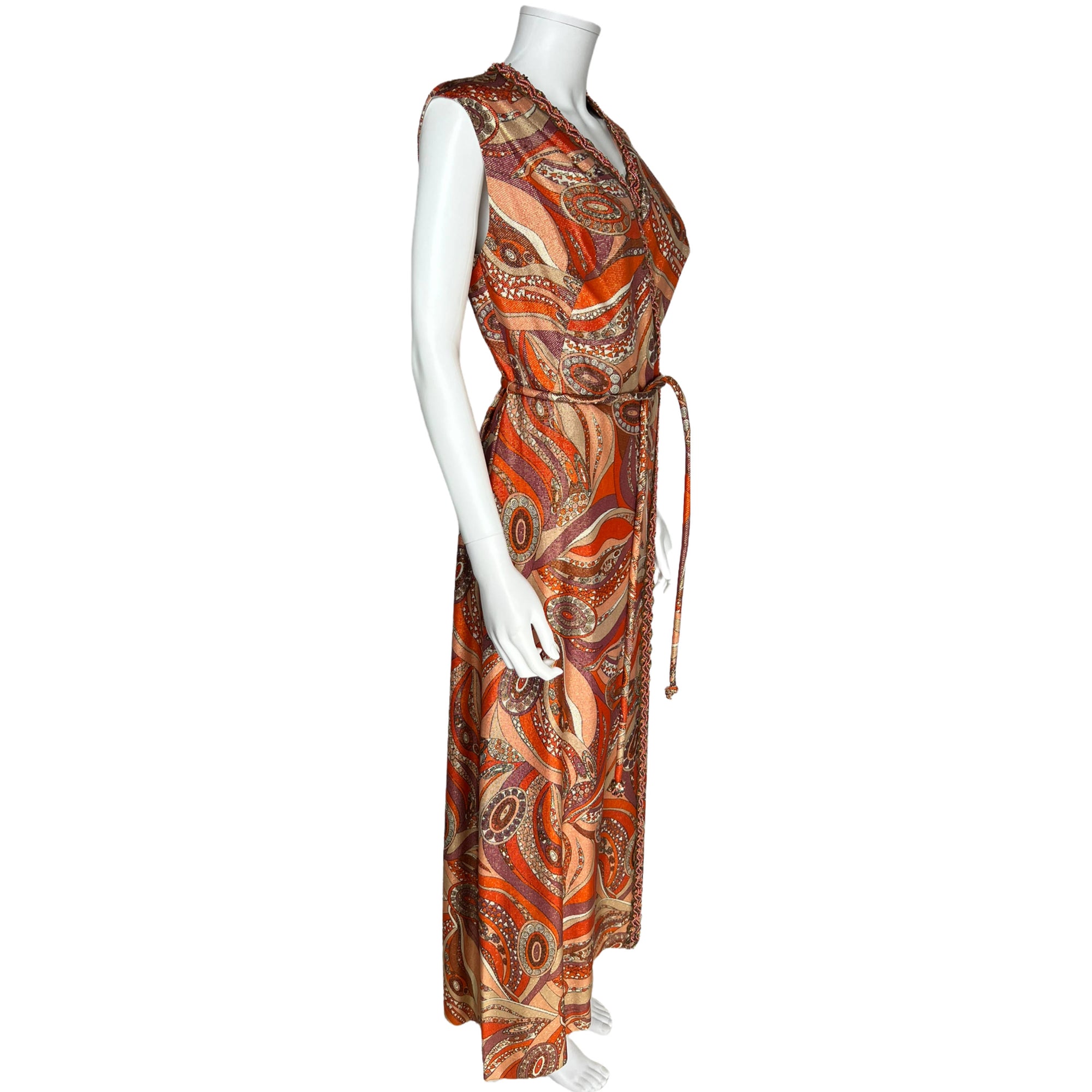 Vintage 1970s Dress Orange Psych Print Woven Metallic Size M