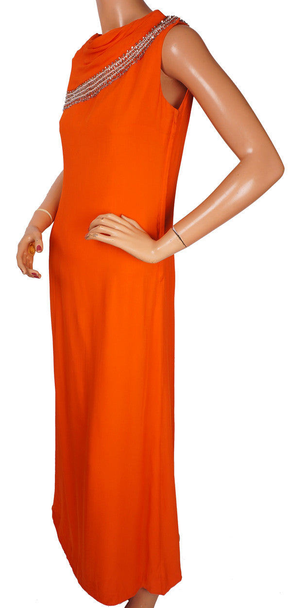 Vintage 1960s Evening Gown  - Orange Silk Chiffon with Rhinestones  - S / M - Poppy's Vintage Clothing