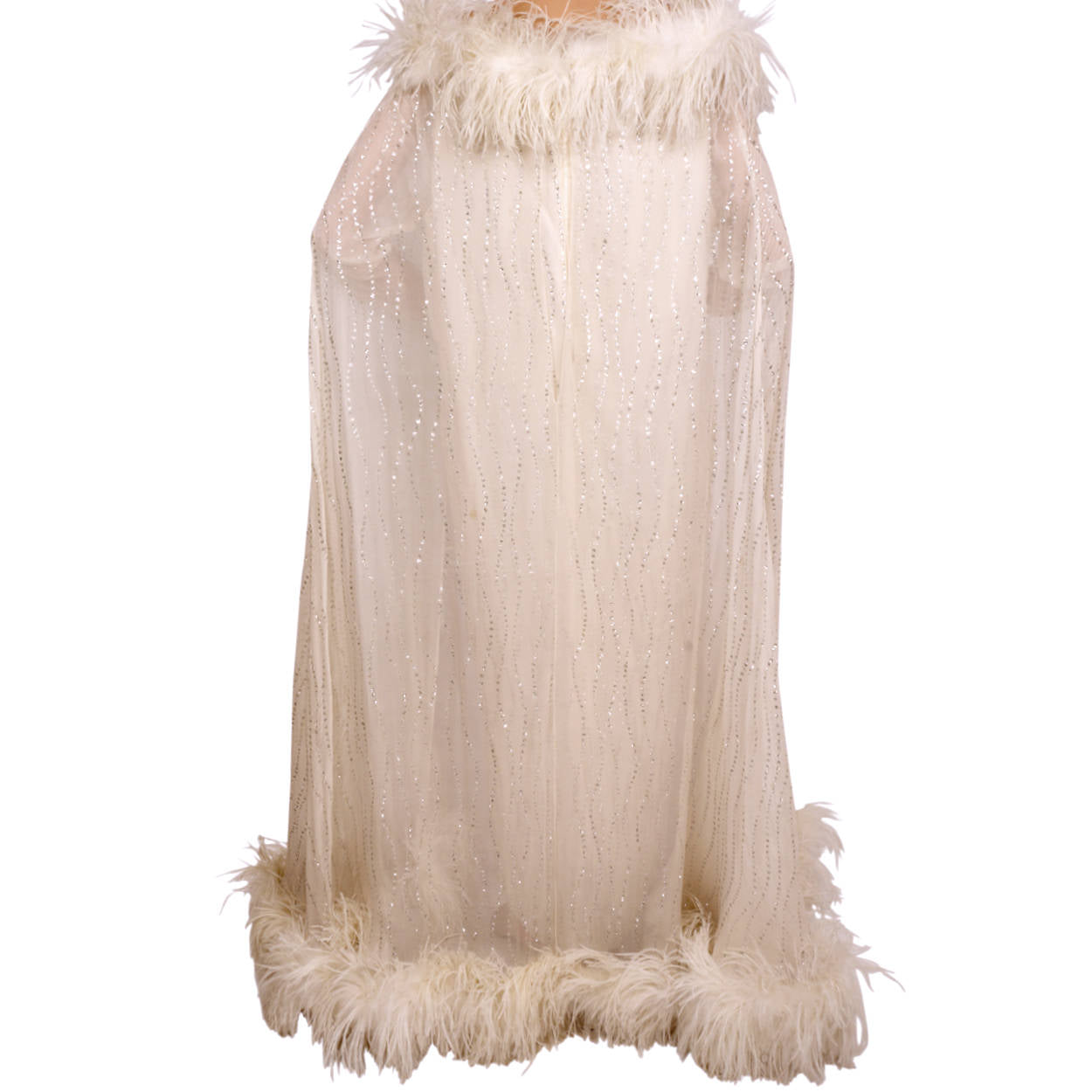 Vintage 1960s White Chiffon Evening Gown with Ostrich Feather Trim and Silver Sparkles - Poppy's Vintage Clothing