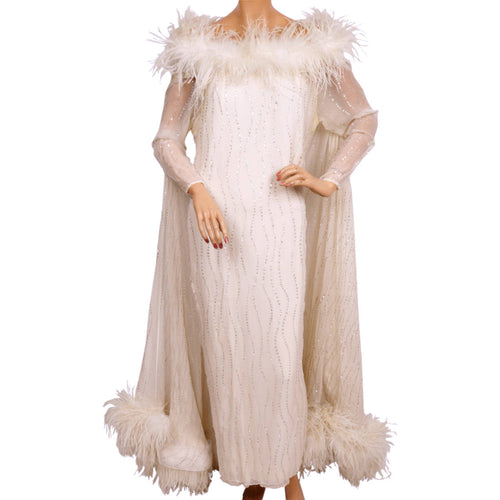 Vintage 1960s White Chiffon Evening Gown with Ostrich Feather Trim and – Poppy's Vintage Clothing