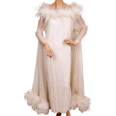 Vintage 1960s White Chiffon Evening Gown with Ostrich Feather Trim and Silver Sparkles - Poppy's Vintage Clothing