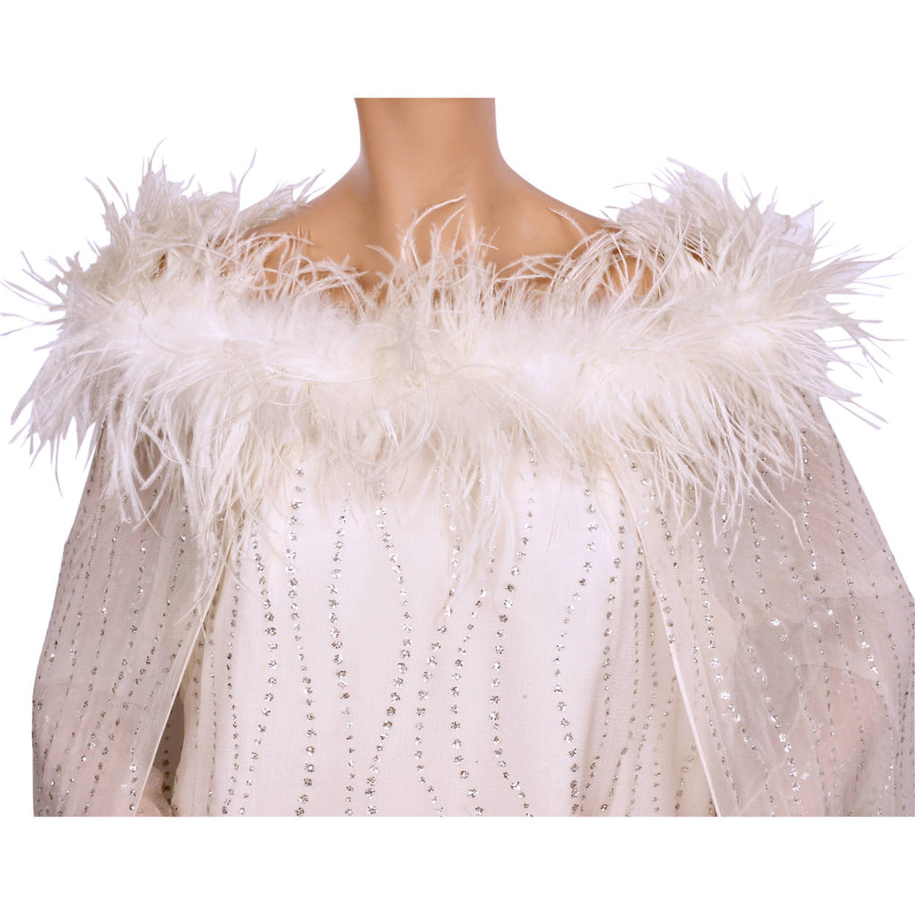Vintage 1960s White Chiffon Evening Gown with Ostrich Feather Trim and Silver Sparkles - Poppy's Vintage Clothing