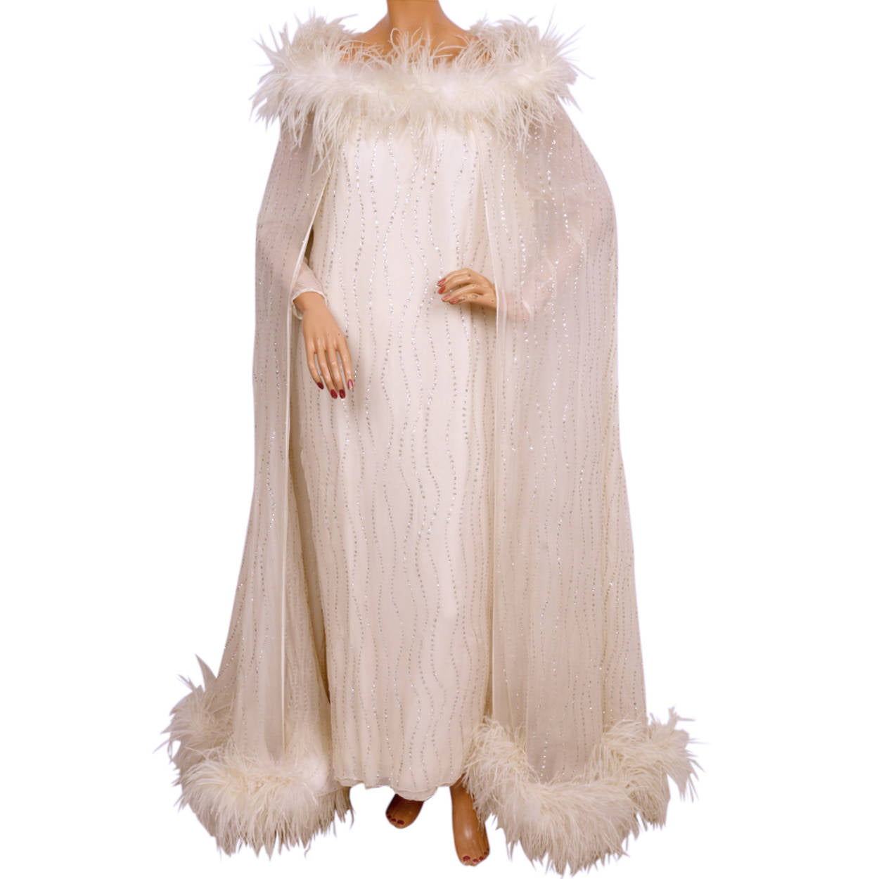 Vintage 1960s White Chiffon Evening Gown with Ostrich Feather Trim and Silver Sparkles - Poppy's Vintage Clothing