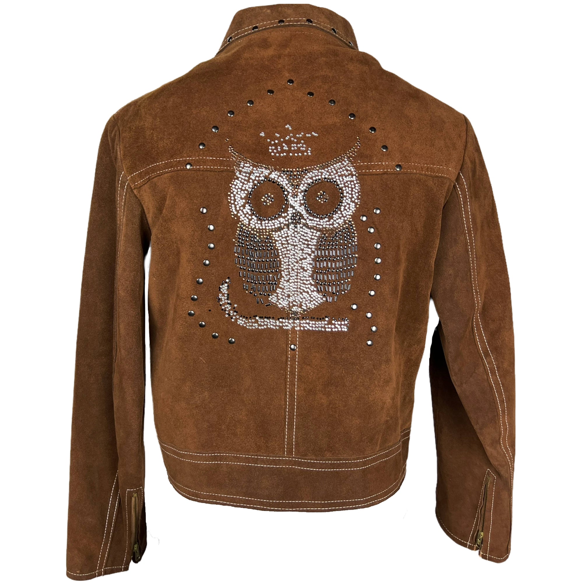 Vintage 1970s Beaded Suede Jacket w Owl Back Unisex Size M L