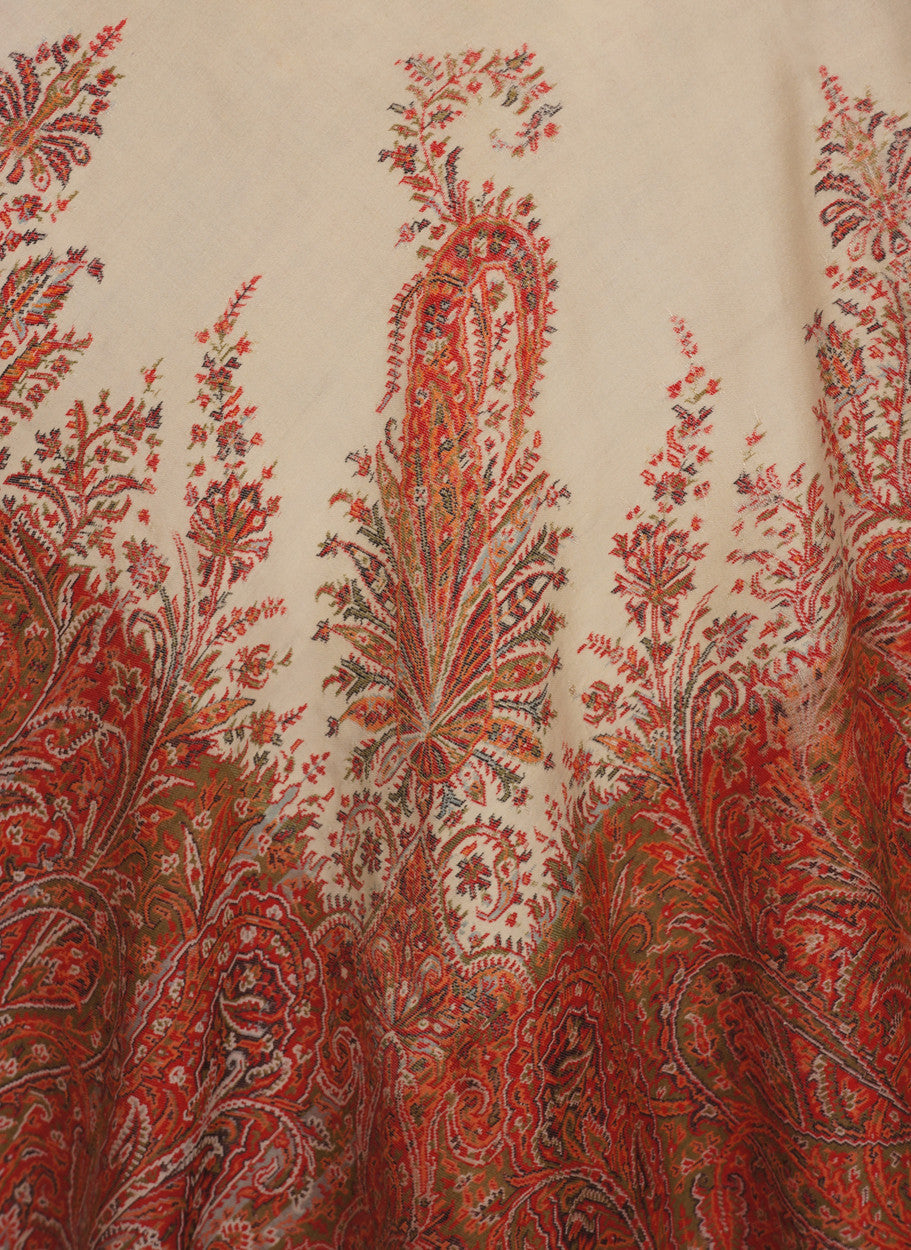 Victorian Paisley Shawl Jacquard Fabric Ivory Red & Green Wool Scarf - Poppy's Vintage Clothing