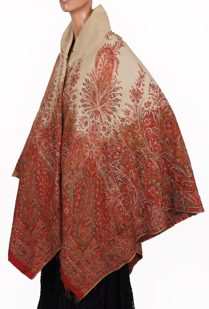 Victorian Paisley Shawl Jacquard Fabric Ivory Red & Green Wool Scarf - Poppy's Vintage Clothing