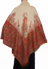 Victorian Paisley Shawl Jacquard Fabric Ivory Red & Green Wool Scarf - Poppy's Vintage Clothing