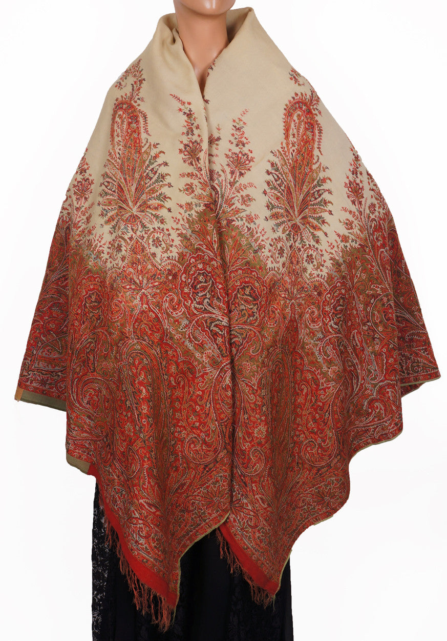 Victorian Paisley Shawl Jacquard Fabric Ivory Red & Green Wool Scarf - Poppy's Vintage Clothing