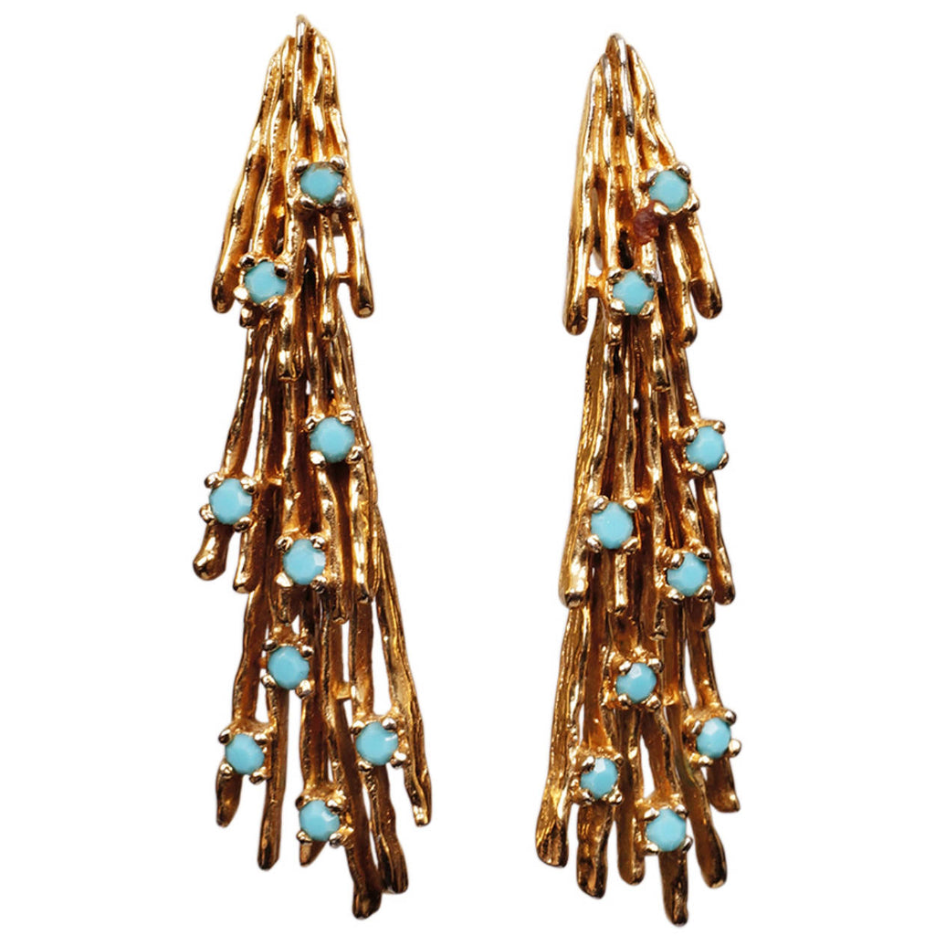 Vintage Panetta Modernist Earrings Dangle Drop Gold Toned w Turquoise 1960s Signed - Poppy's Vintage Clothing