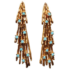Vintage Panetta Modernist Earrings Dangle Drop Gold Toned w Turquoise 1960s Signed - Poppy's Vintage Clothing