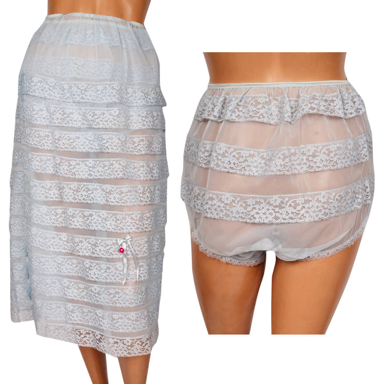 Vintage 1950s Nylon Lace Panty and Slip Set - Lace Ruffles - Light Blue - Unused Size M - Poppy's Vintage Clothing