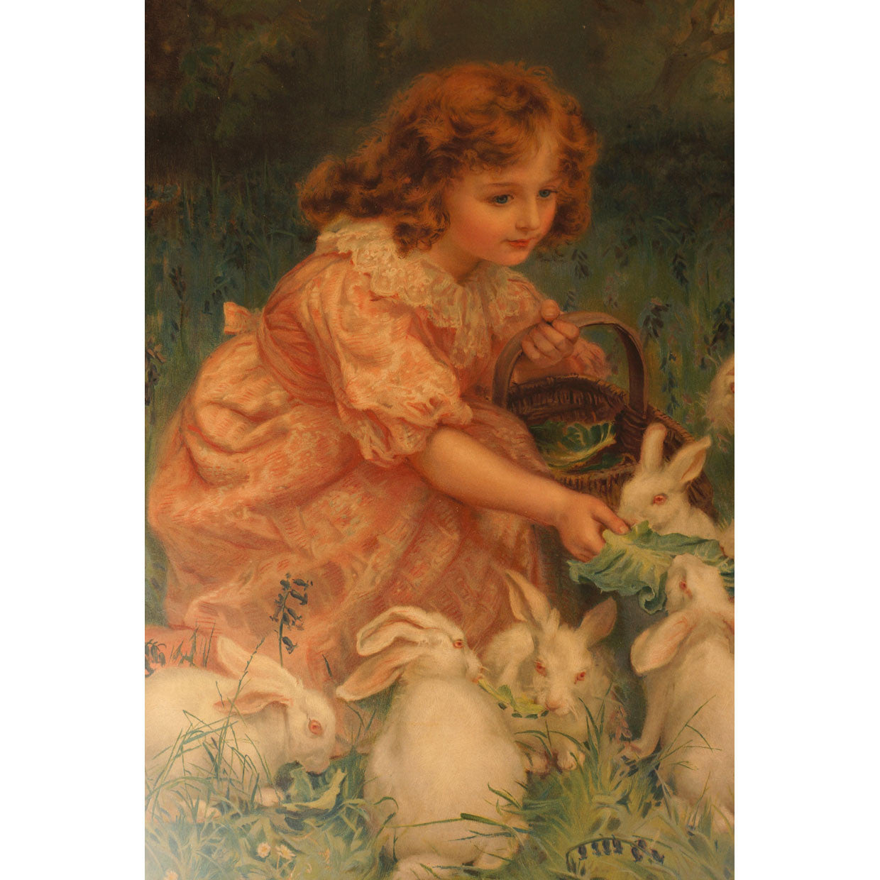 Antique Pears Soap Chromolitho Print Girl Feeding Rabbits 1904 - Poppy's Vintage Clothing