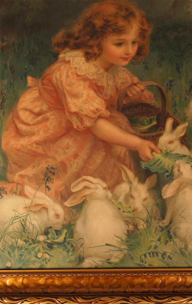 Antique Pears Soap Chromolitho Print Girl Feeding Rabbits 1904 - Poppy's Vintage Clothing