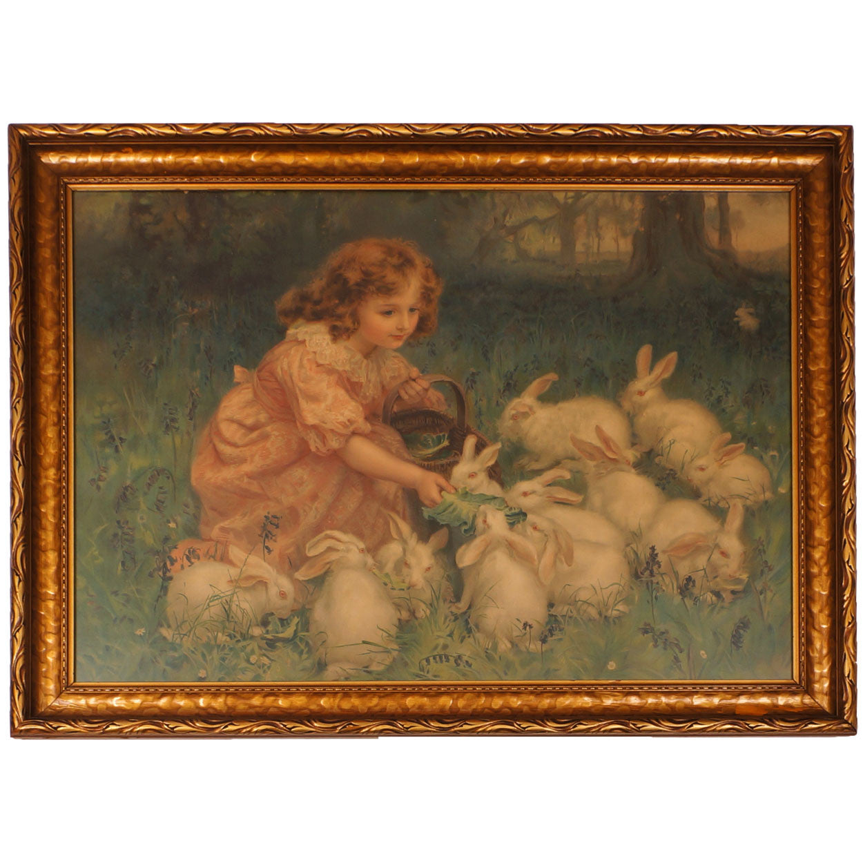 Antique Pears Soap Chromolitho Print Girl Feeding Rabbits 1904 - Poppy's Vintage Clothing