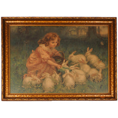 Antique Pears Soap Chromolitho Print Girl Feeding Rabbits 1904 - Poppy's Vintage Clothing