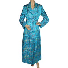 Vintage 1970s Dressing Gown NOS Blue Satin Brocade Asian Motifs Lounging Robe M - Poppy's Vintage Clothing