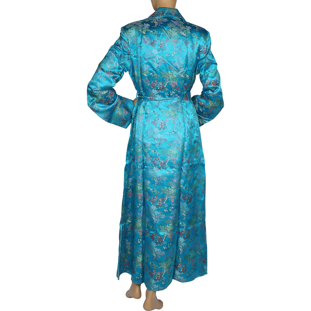 Vintage 1970s Dressing Gown NOS Blue Satin Brocade Asian Motifs Lounging Robe M - Poppy's Vintage Clothing