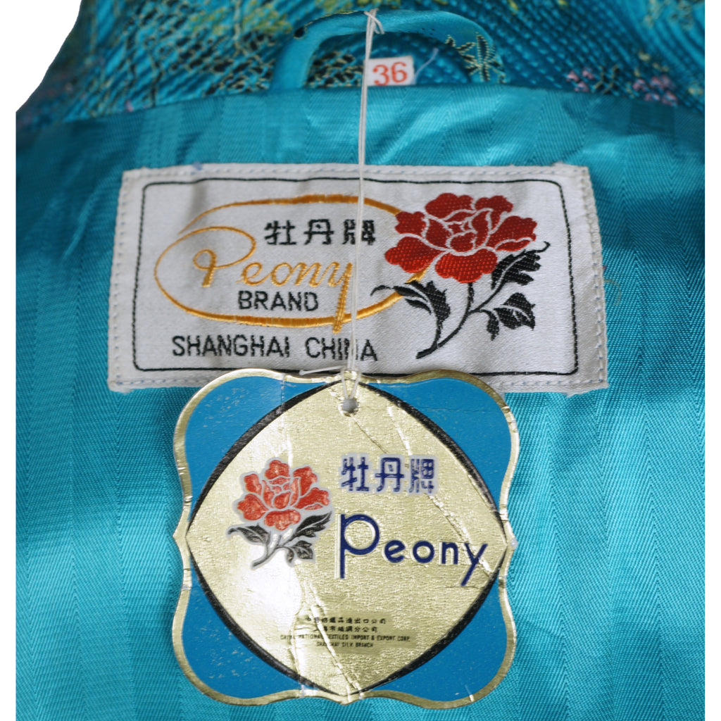 Vintage 1970s Dressing Gown NOS Blue Satin Brocade Asian Motifs Lounging Robe M - Poppy's Vintage Clothing