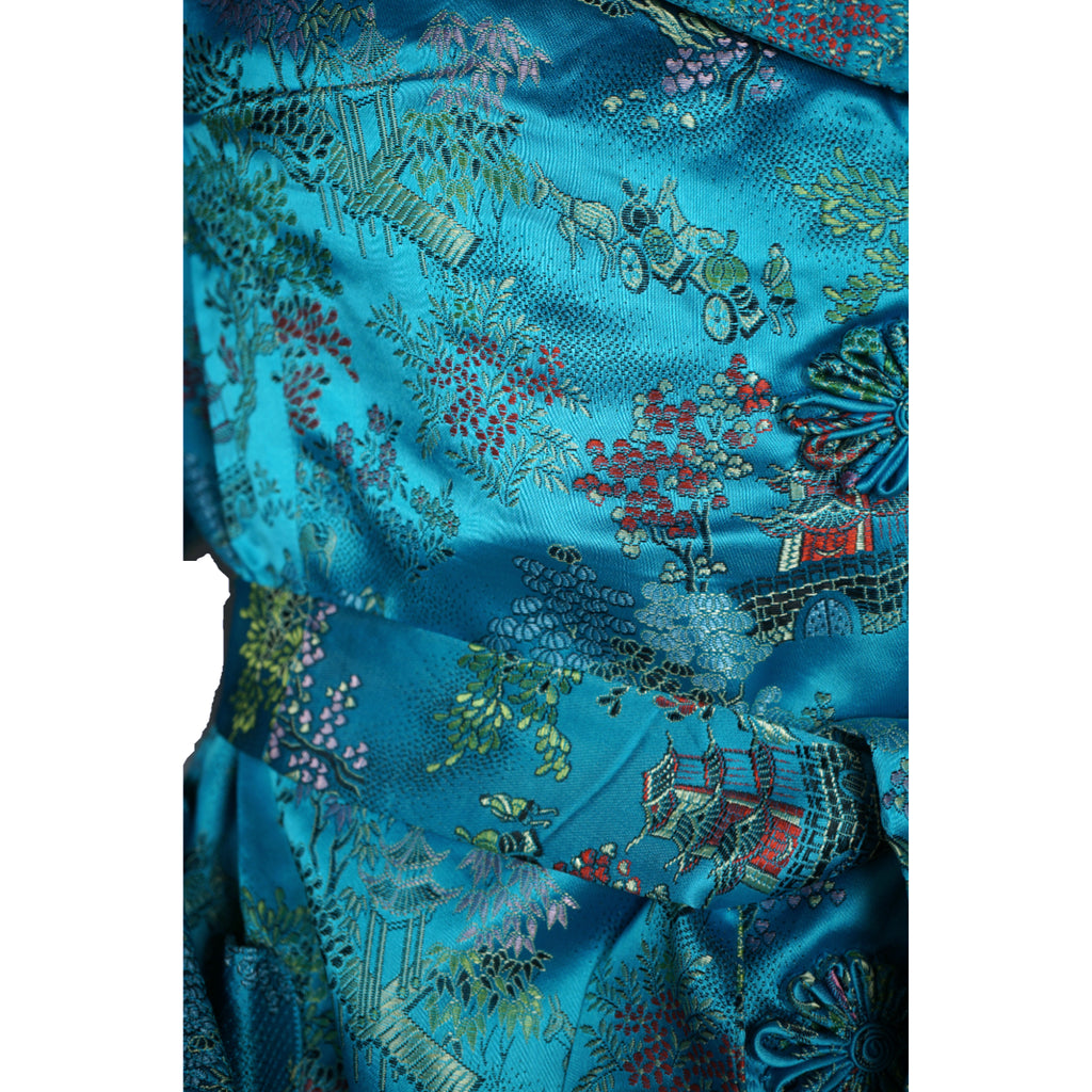 Vintage 1970s Dressing Gown NOS Blue Satin Brocade Asian Motifs Lounging Robe M - Poppy's Vintage Clothing