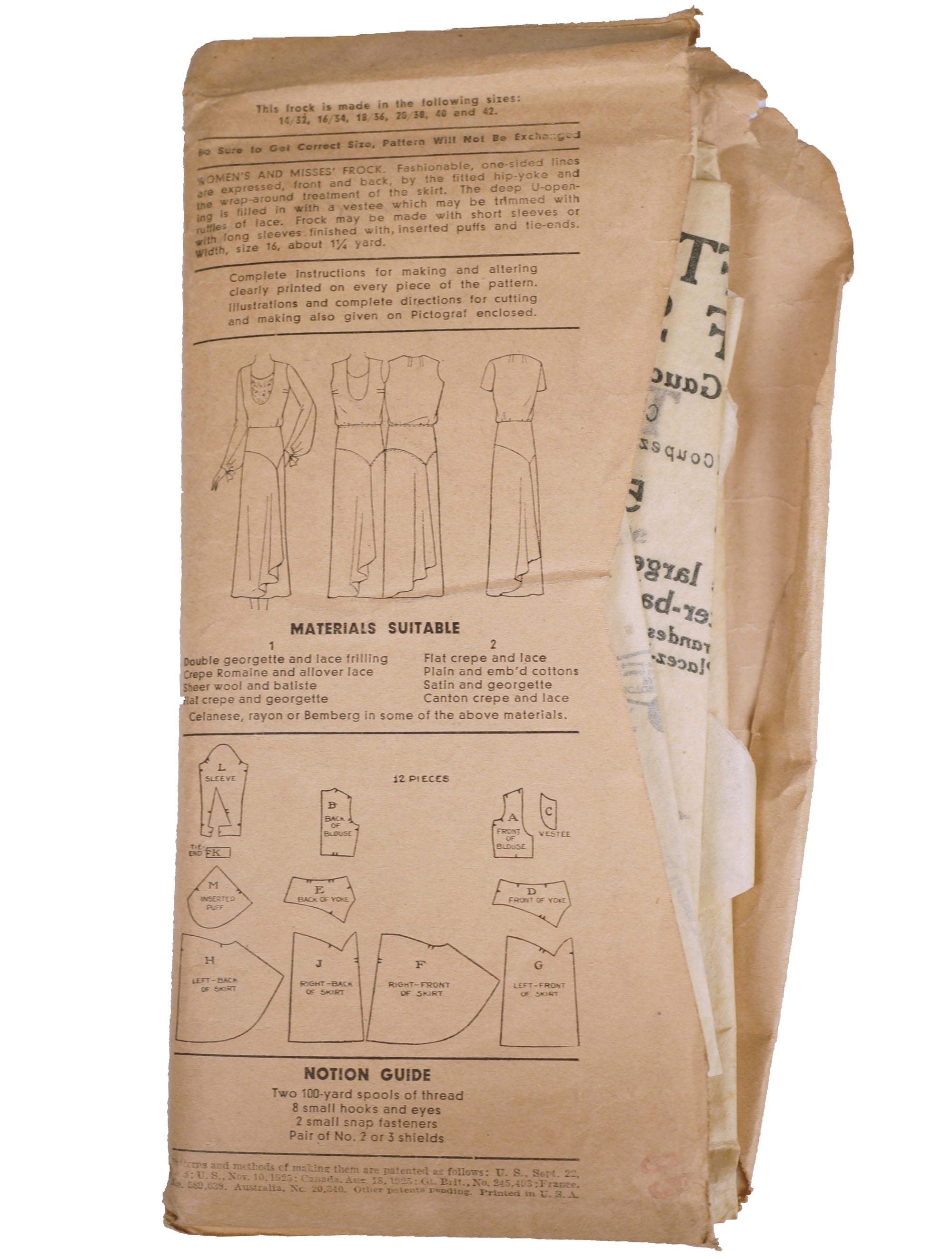 Vintage 1931 Pictorial Review Printed Pattern Ladies Dress 5782 Complete Size 16 - Poppy's Vintage Clothing