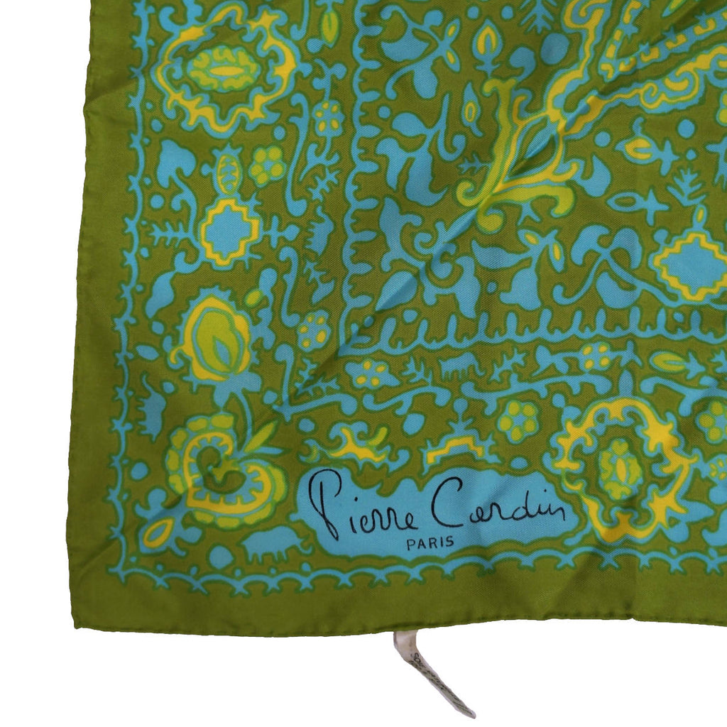 Vintage 1970s Pierre Cardin Silk Twill Scarf Olive Green Ornate Print 30" - Poppy's Vintage Clothing